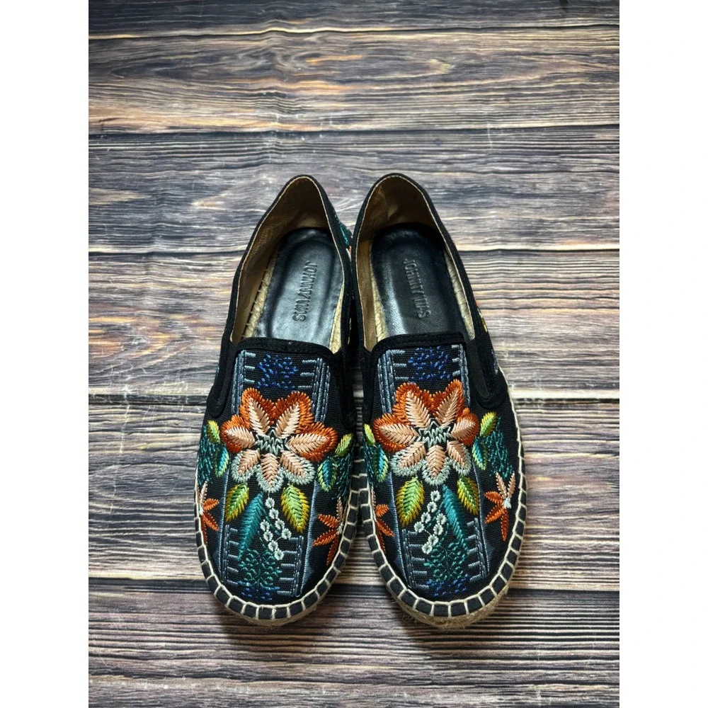 Johnny Was Espadrille Flats Womens EU 41 Black Embroidered Floral Canvas Slip On